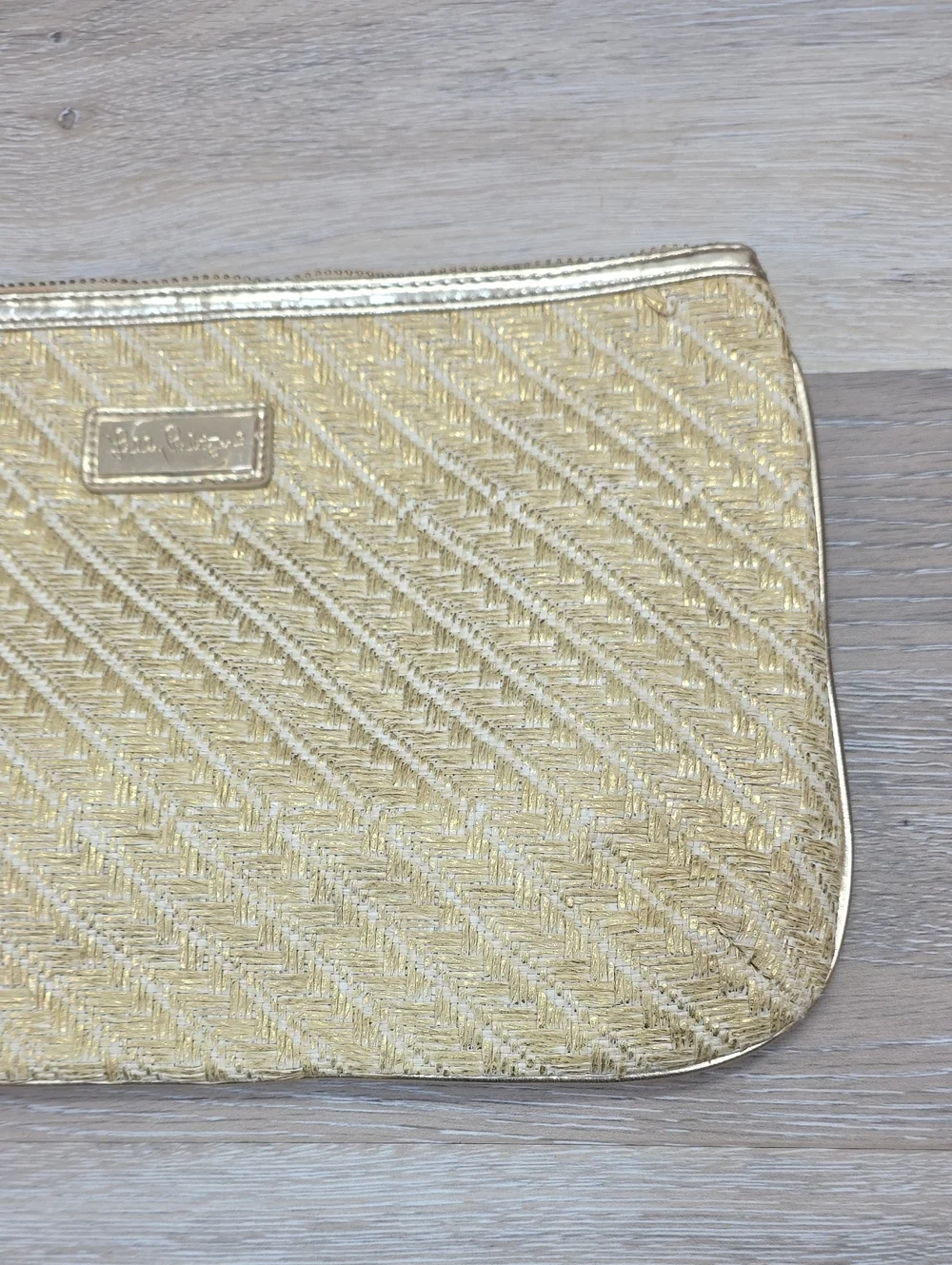 Lilly Pulitzer Gold Woven Straw Wristlet Clutch Bag Tassel Zip Resortwear